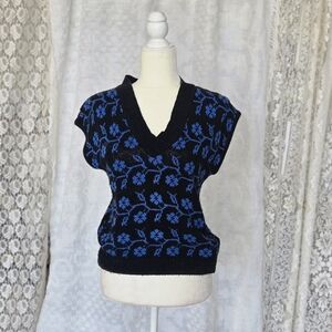 Vintage Floral Knit V-Neck Sweater Vest- Black and Blue